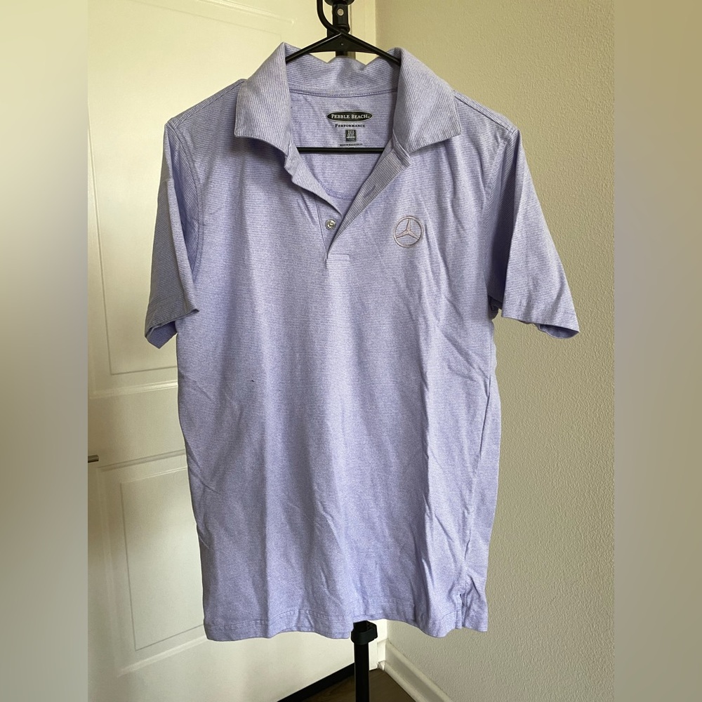 PEBBLE BEACH Mercedes Benz Golf shirt. Purple and white stripes. Size small